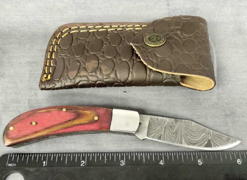 Damascus Pocket Knife 6.5" w/Belt Holder