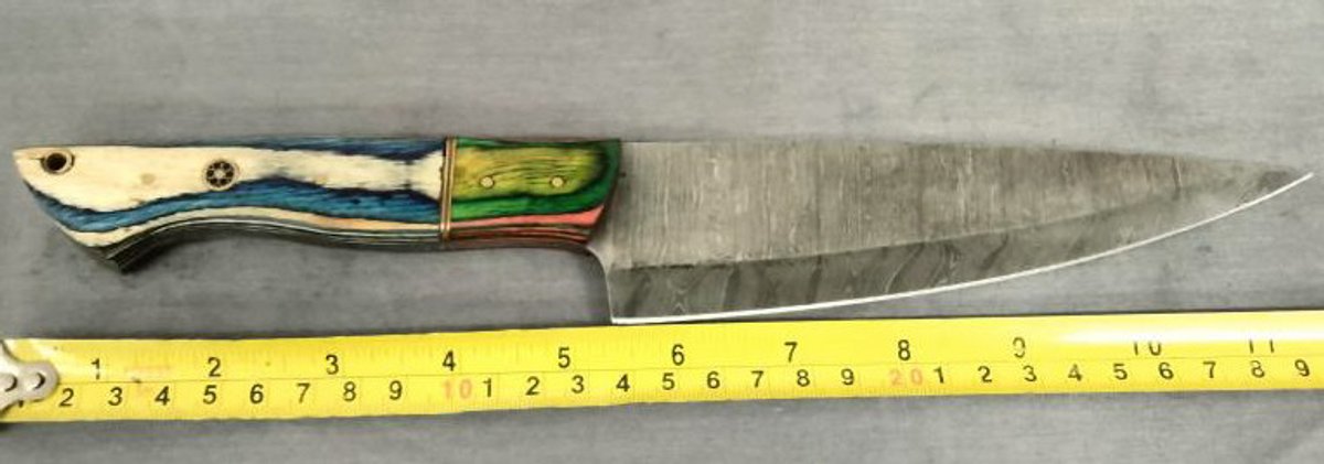 Damascus Knife 12" Blue & Tan Handle