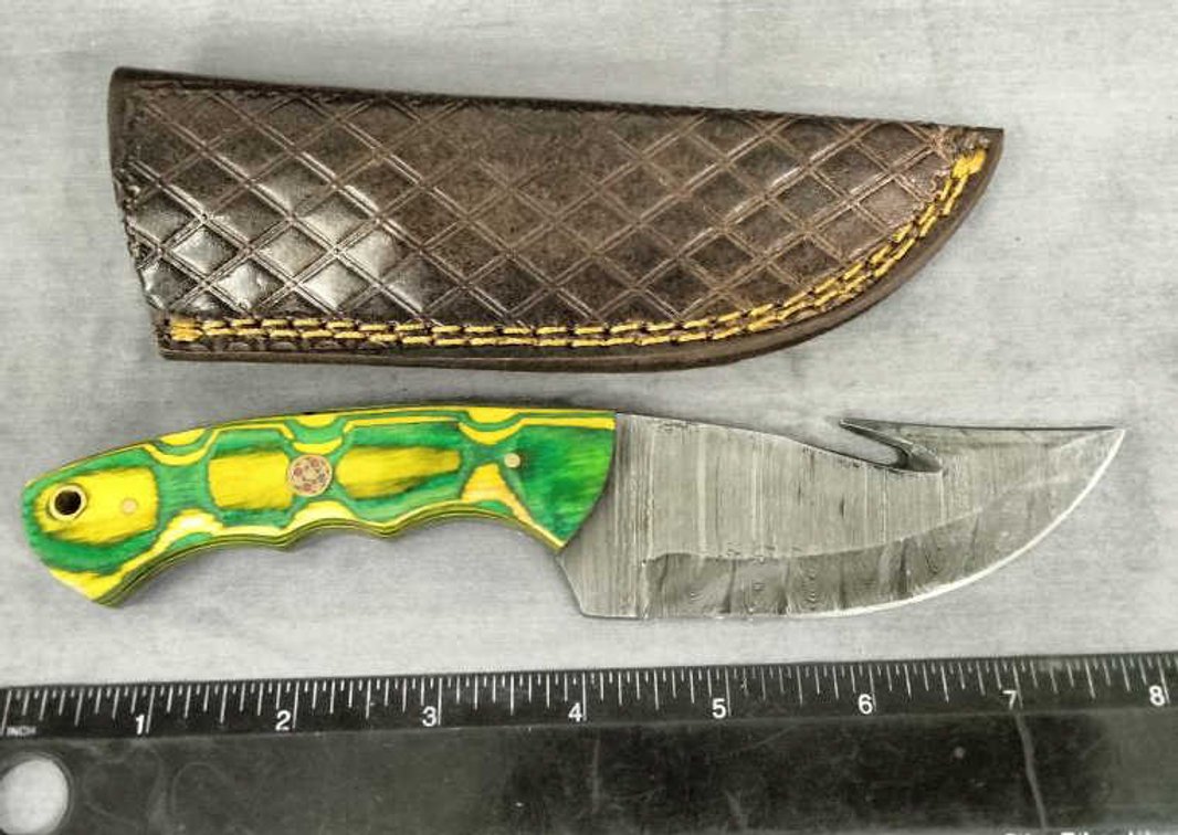 Damascus Gut Hook Knife 8" w/Sheath