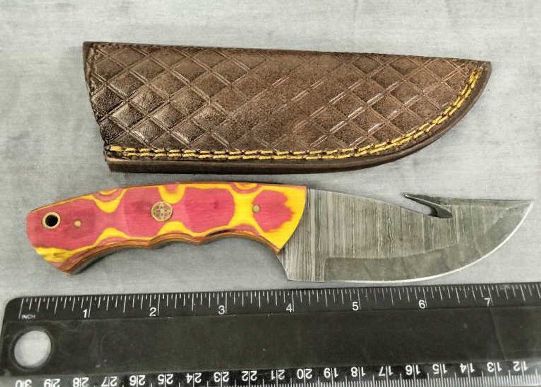 Damascus Gut Hook Knife 8" w/Sheath