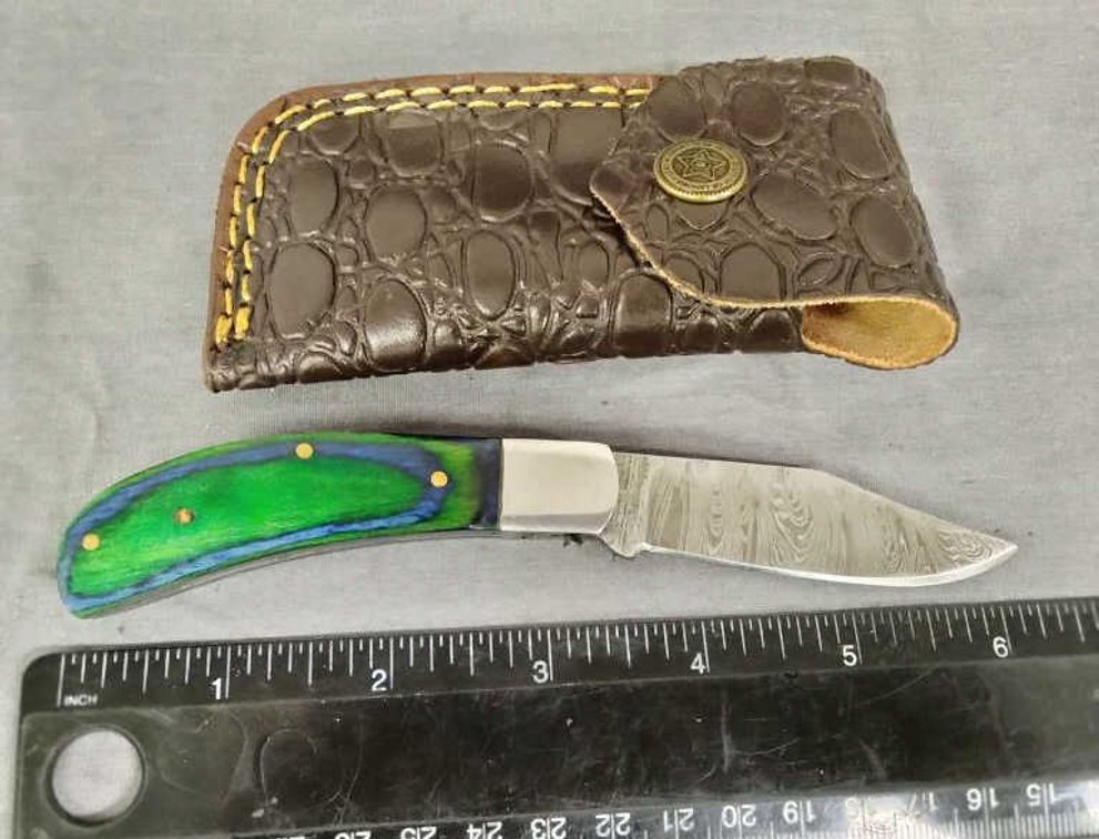 Damascus Pocket Knife 6.25" w/Belt Holder