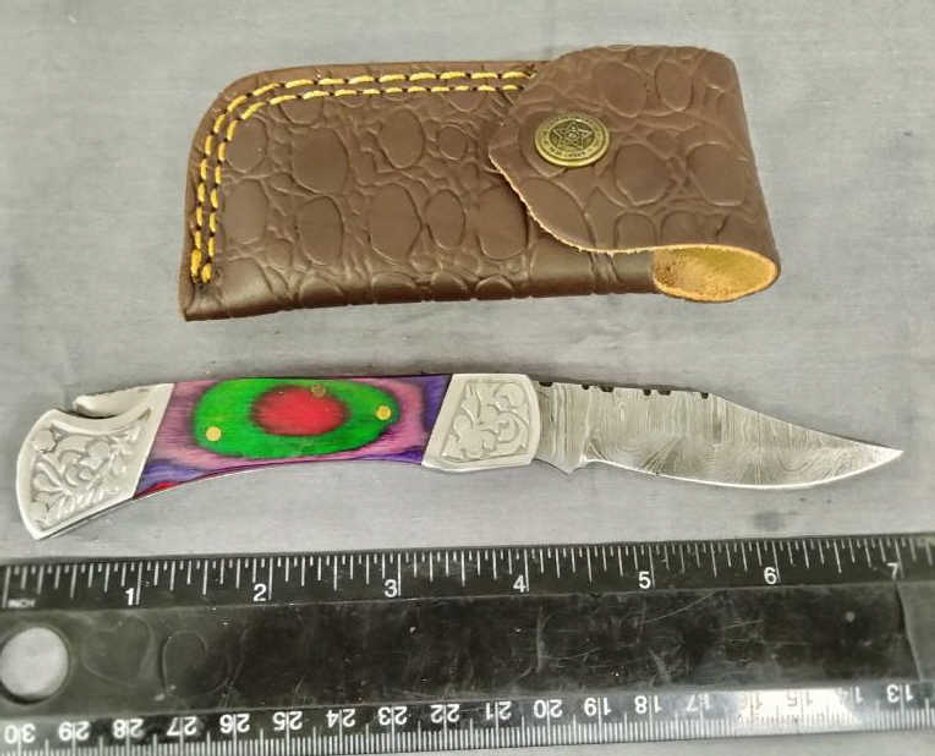 Damascus Pocket Knife 7" w/Belt Holder