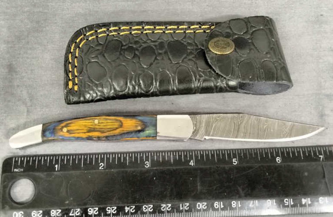 Damascus Pocket Knife 7.25" w/Belt Holder