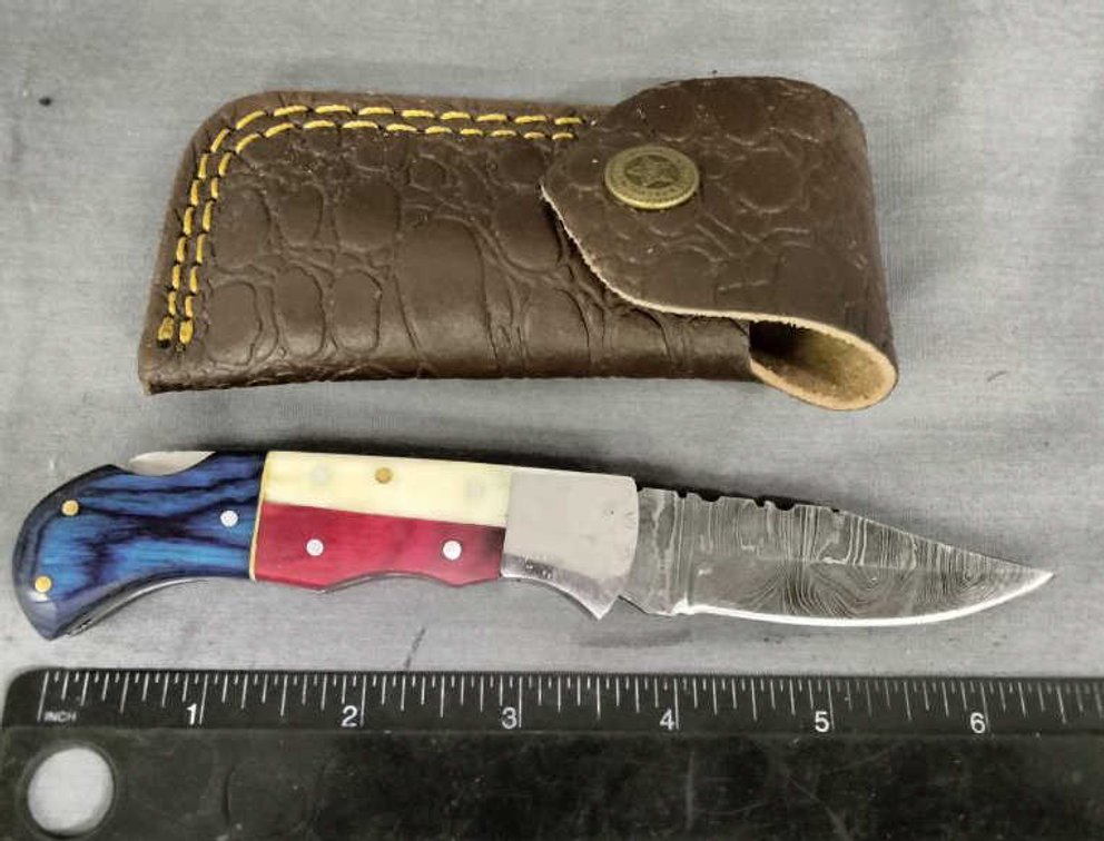 Damascus Pocket Knife 6.5" w/Belt Holder