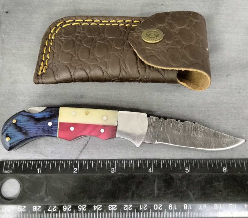 Damascus Pocket Knife 6.5" w/Belt Holder
