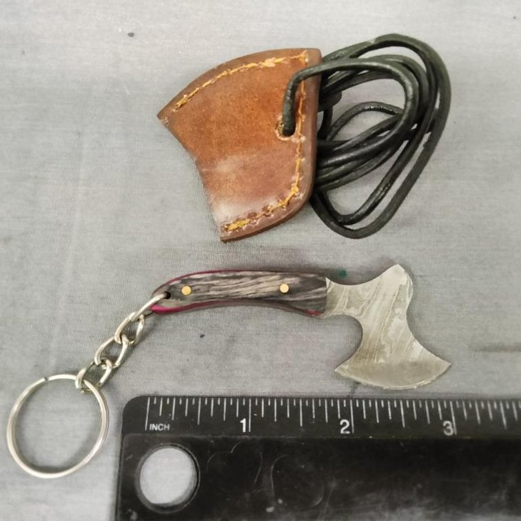 Miniature Damascus Axe Key Chain w/Sheath