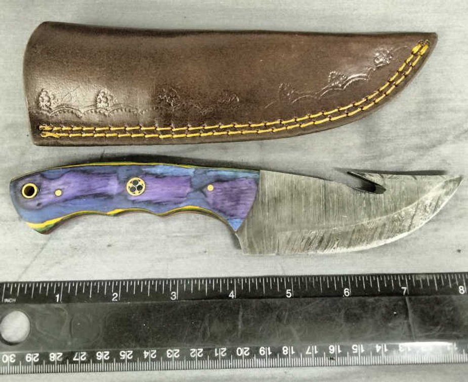 Damascus Gut Hook Knife 8" w/Sheath