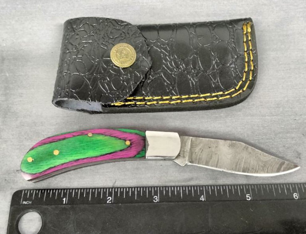 Damascus Pocket Knife 6.25" w/Belt Holder