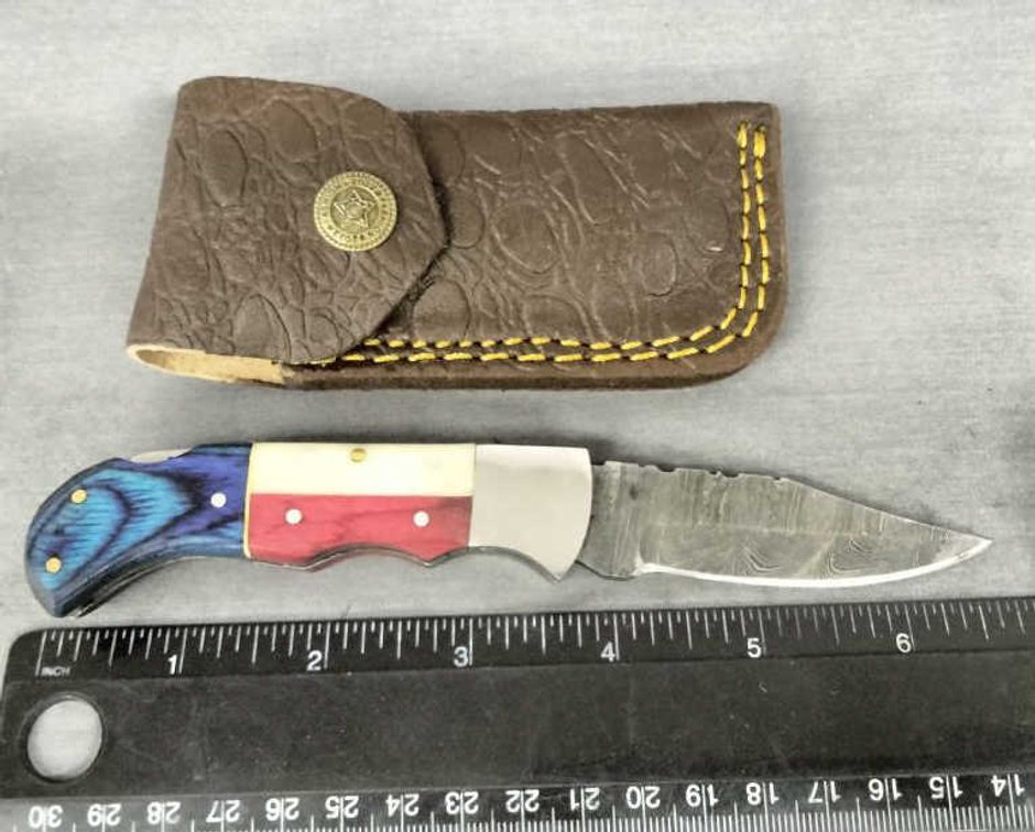 Damascus Pocket Knife 6.75" w/Belt Holder