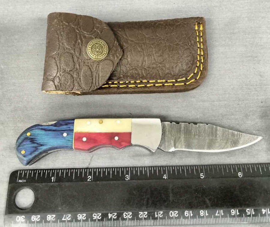 Damascus Pocket Knife 6.75" w/Belt Holder