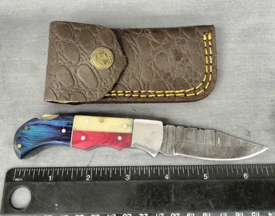Damascus Pocket Knife 6.75" w/Belt Holder