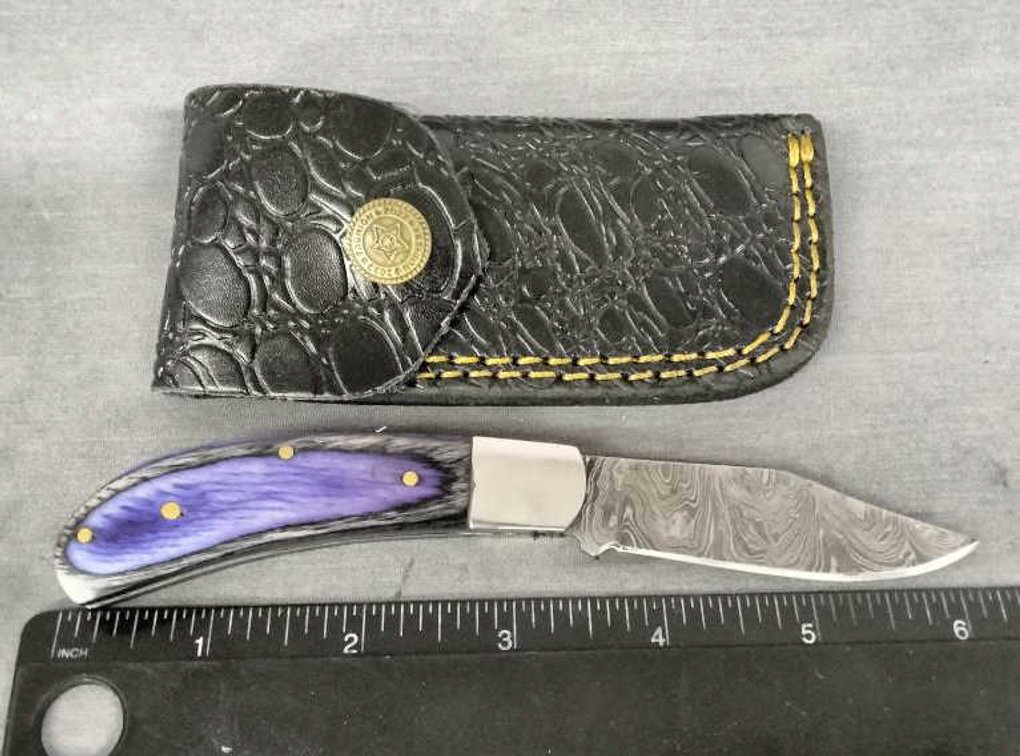 Damascus Pocket Knife 6.25" w/Belt Holder