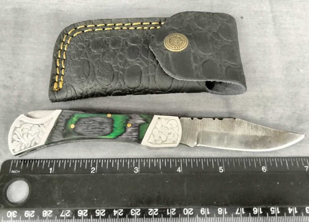 Damascus Pocket Knife 7" w/Belt Holder