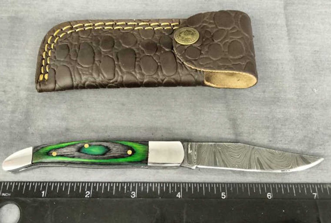 Damascus Pocket Knife 7.25" w/Belt Holder