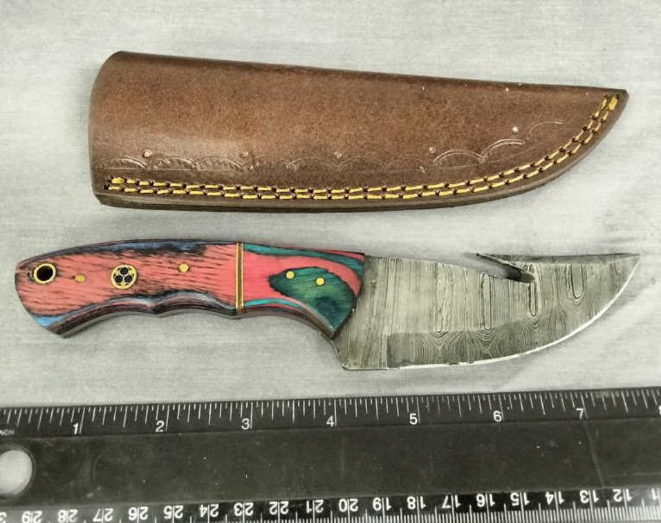Damascus Gut Hook Knife 8" w/Sheath