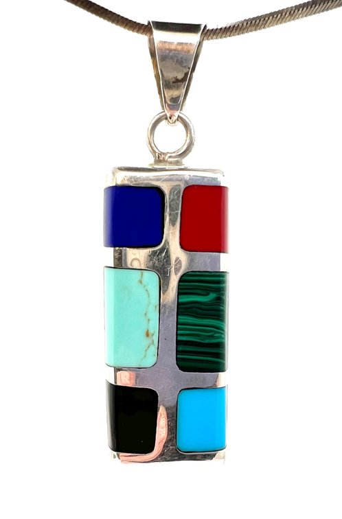 Contemporary Sterling Silver Pendant with Lapis, Turquoise, Malachite and Other Stones