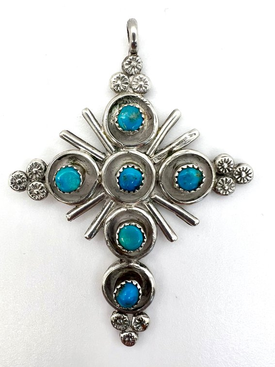 Sterling Silver Cross Pendant with Turquoise Stones