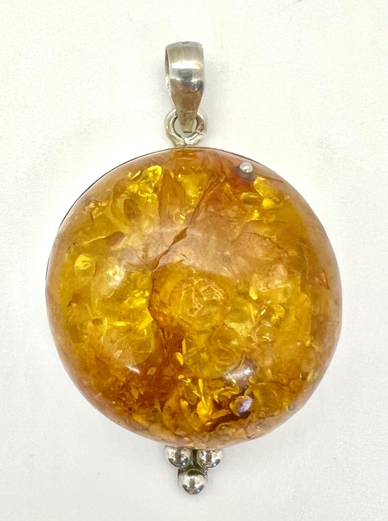 Large Cabochon Amber Pendant Set in Sterling Silver Mount