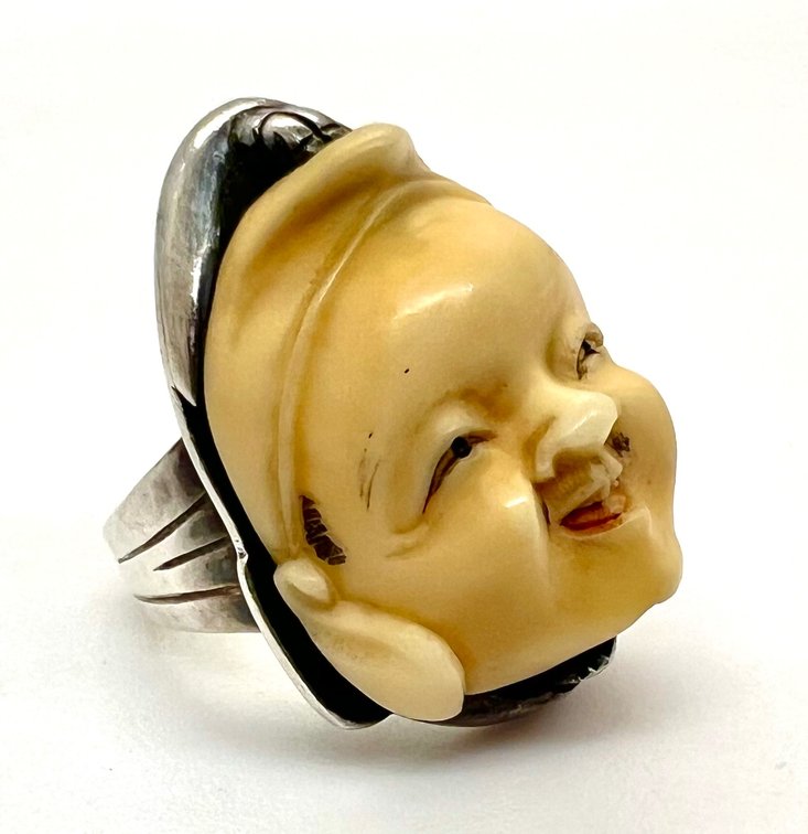 Antique Japanese Netsuke Noh Mask and Sterling Silver Ring - Size 5.5