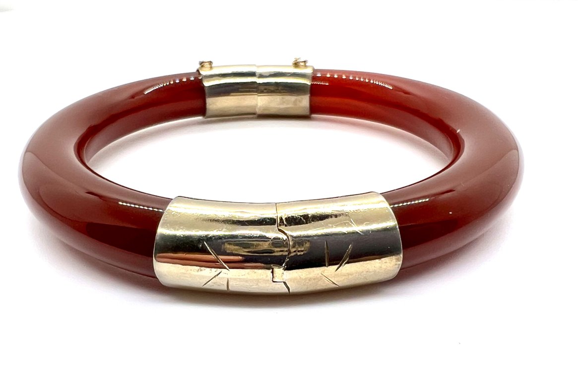 Vintage Asian Red Jade, Sterling Hinged Bracelet
