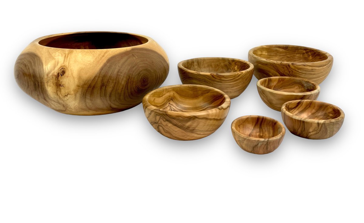 Handmade Wood Salad Bowl with Set of Berard Wood Nesting Bowls- France