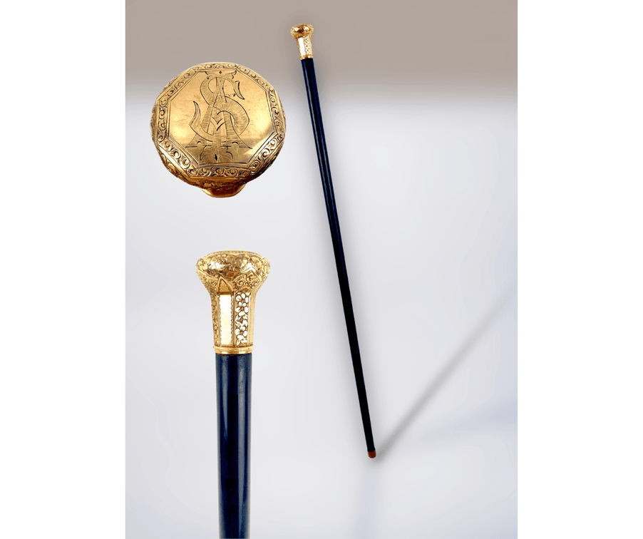 Victorian 14k Gold Plated Ebony Wood Capped Presentation Cane with Monogram