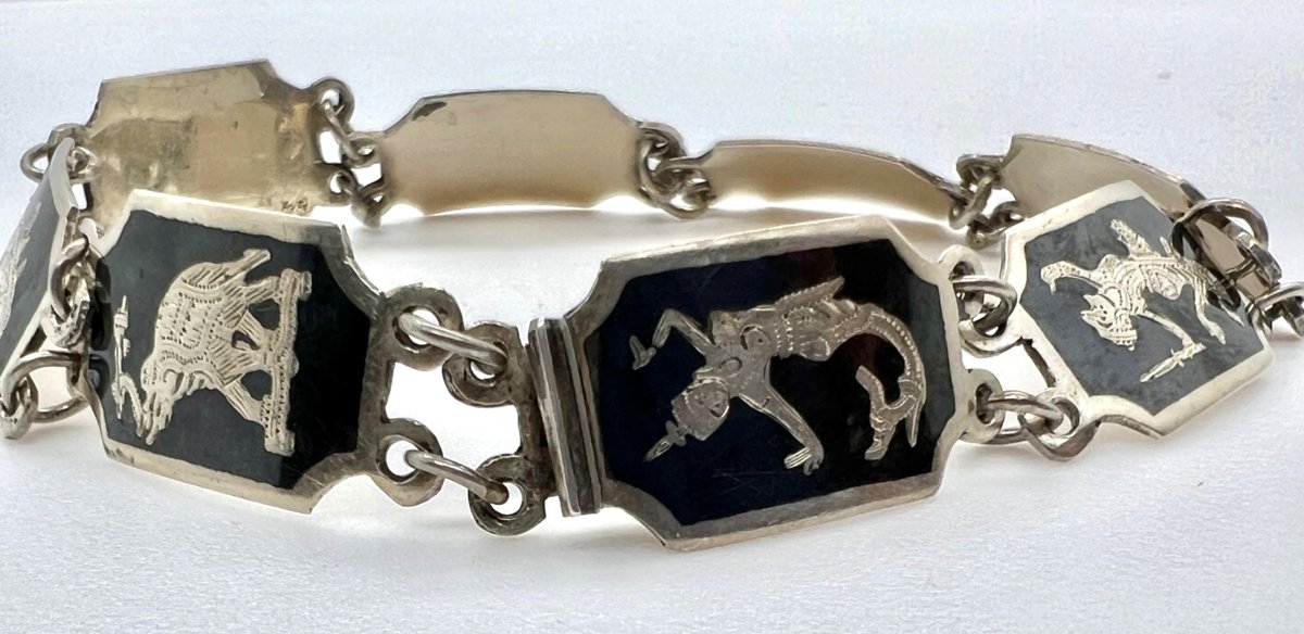 Antique Siam Sterling Inlaid Niello Dancers Bracelet