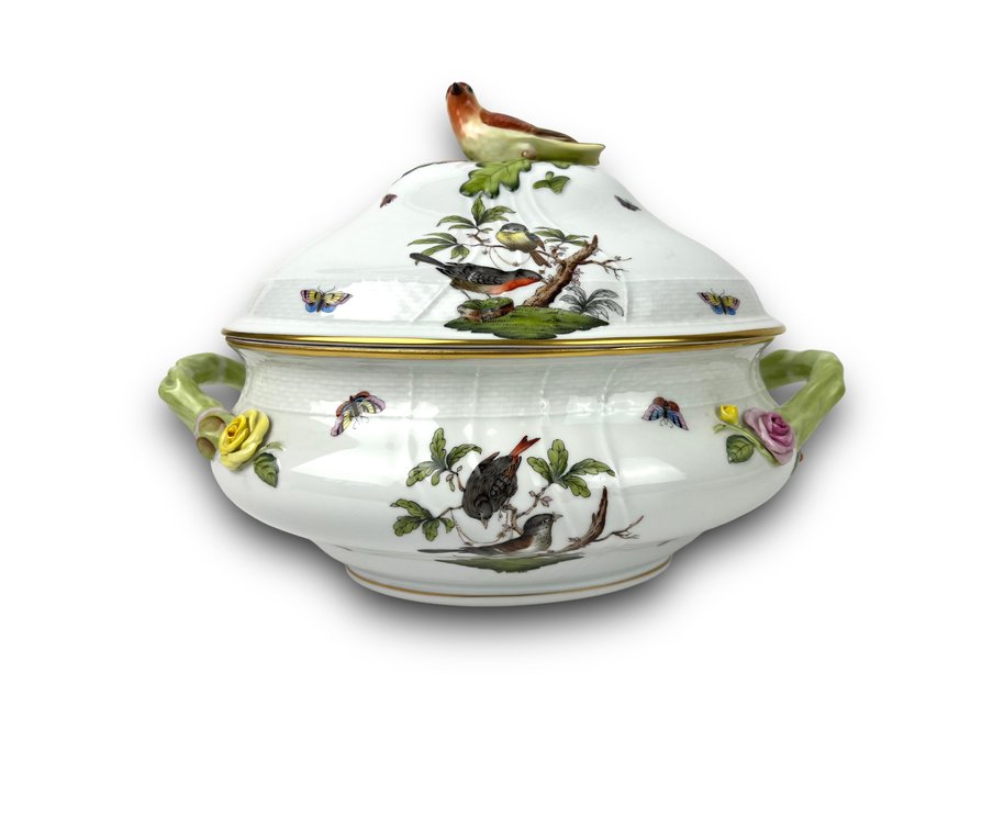 Herend Hungary Rothschild Porcelain Soup Tureen with Lid & Bird Finial 1005/RO 27