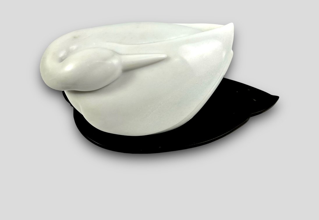 Signed Richards Poey White Stone Sleeping Bird Sculpture - 2004