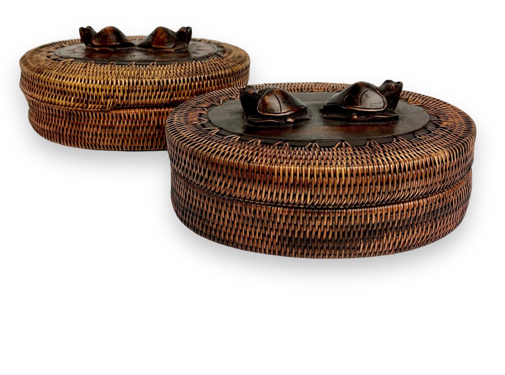 Pair of Indonesian Lombok Woven Wood Baskets with Carved Turtle Figurines on Lids