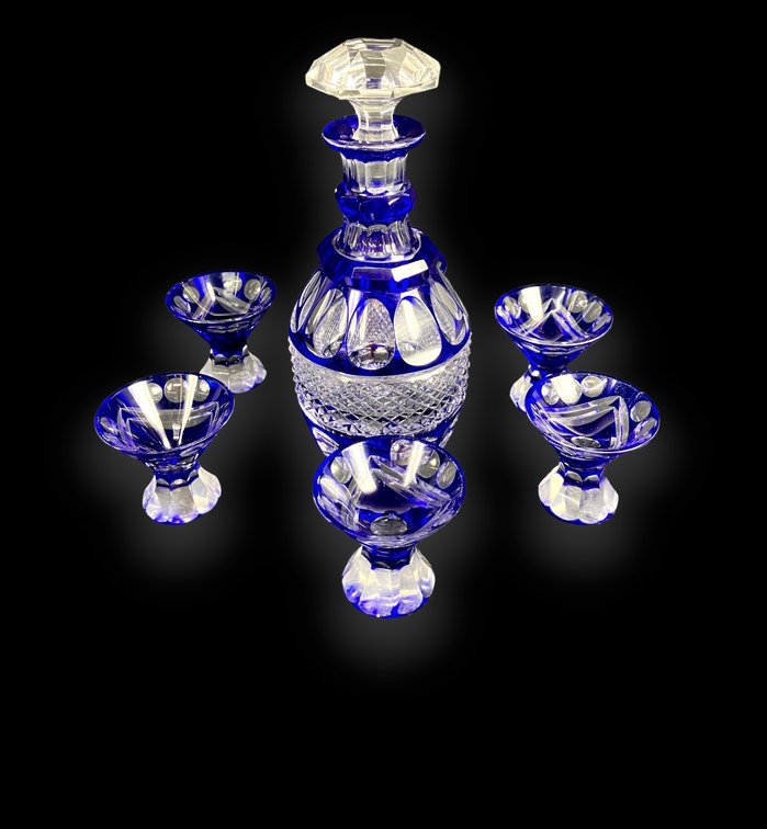 St. Louis Cobalt Crystal Cut Decanter and Six Cordial Glasses - France