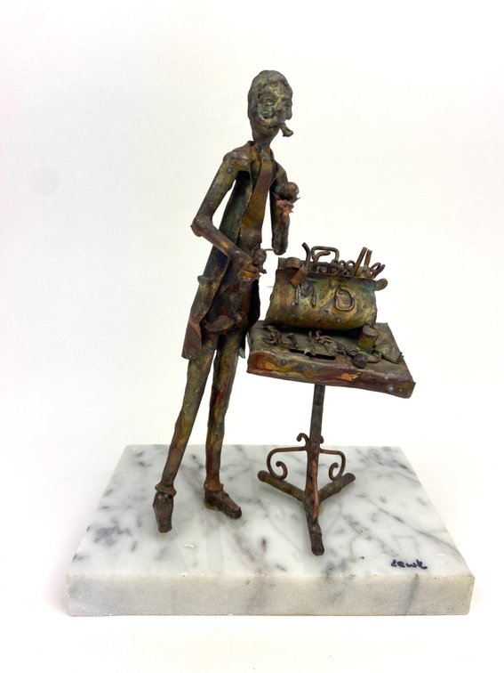 Jim Lewk Signed Torched Copper Sculpture of a Physician on Marble