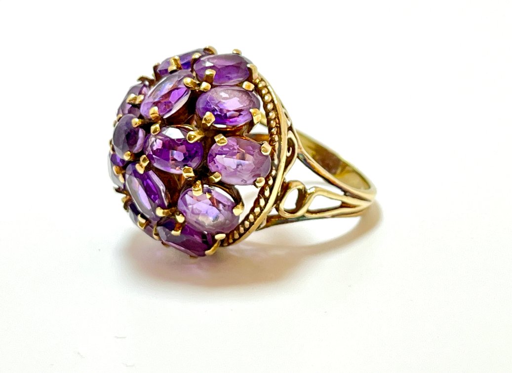 Antique 14K Yellow Gold & Amethyst Dome, Princess Harem Ring- Size 6