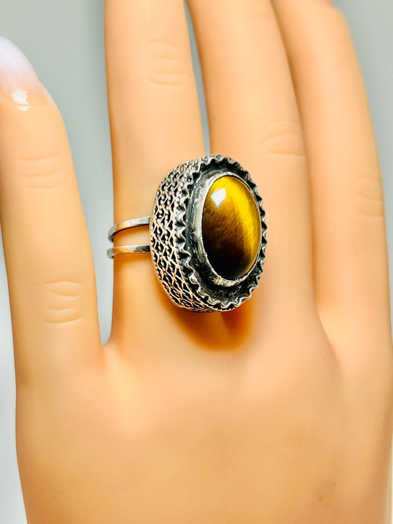 Vintage Sterling & Tigers Eye Adjustable Ring - "Israel Reuven" - Size 7
