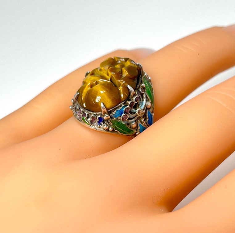 Vintage Chinese Cloissone, Sterling & Tigers Eye Adjustable Ring - Size 7