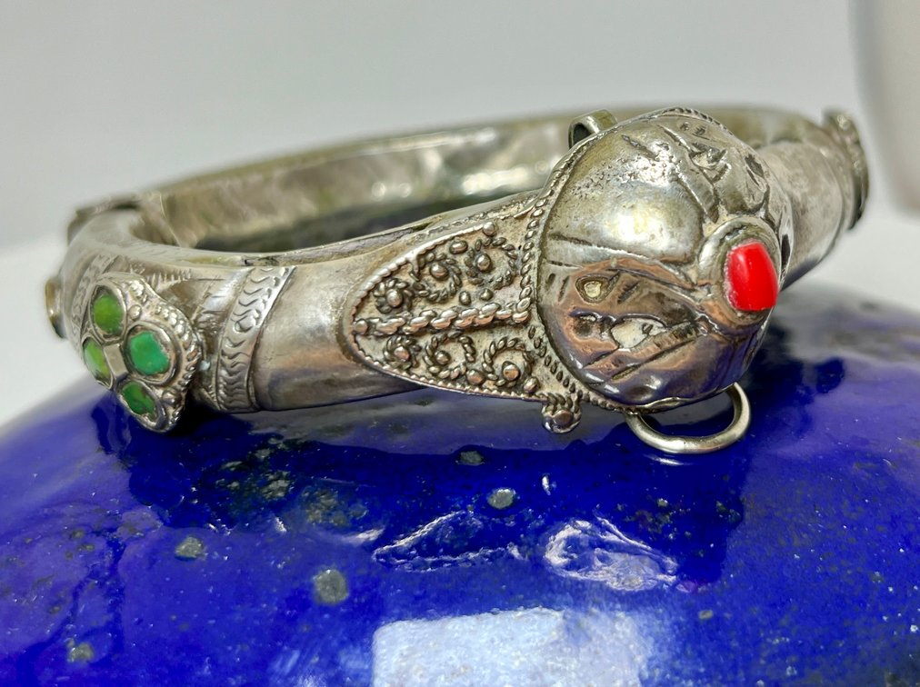 Antique Asian Sterling, Coral, & Turquoise Hinged Bracelet
