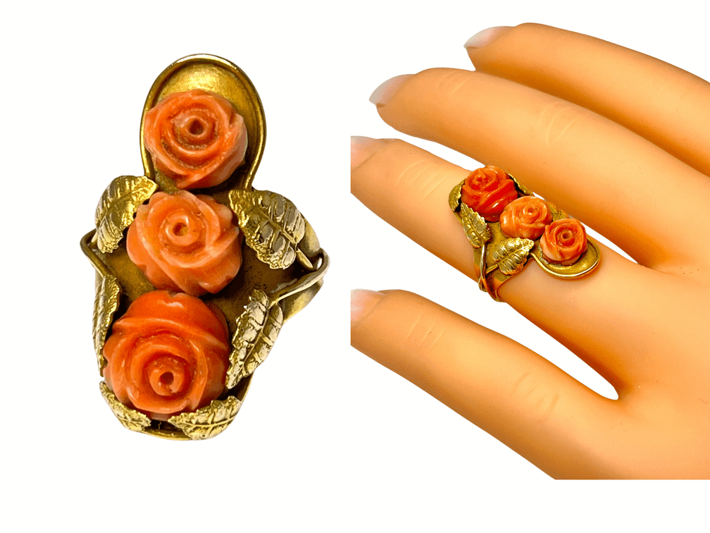 Art Nouveau 14K Yellow Gold & Coral Ring w/ Delicate Leaves & Floral Motif - Size 5