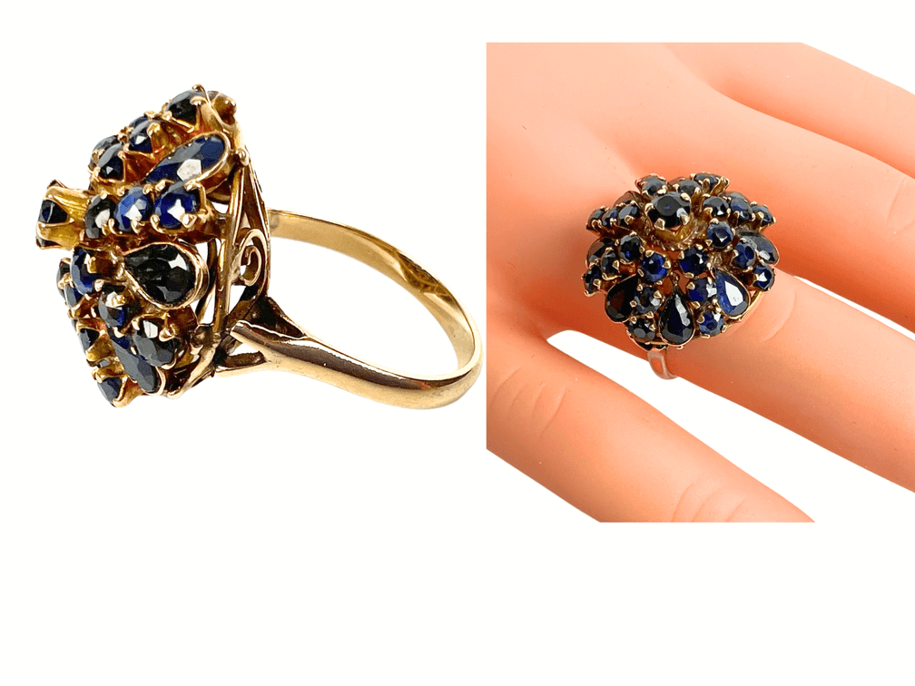 14K Yellow Gold & Blue Sapphire Ring Dome Estate Ring- Size 6-1/4