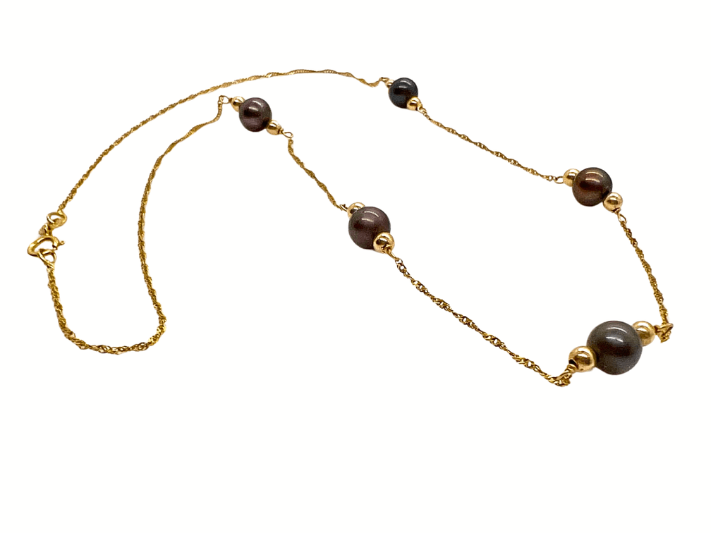 14K Yellow Gold Necklace with Black Pearls - 16.5" Long