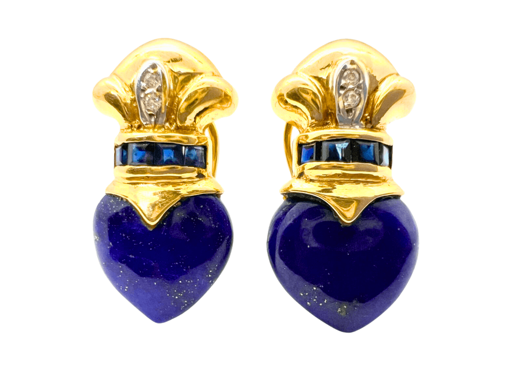 18K Yellow Gold, Lapis, Diamond & Sapphire Pierced Earrings 