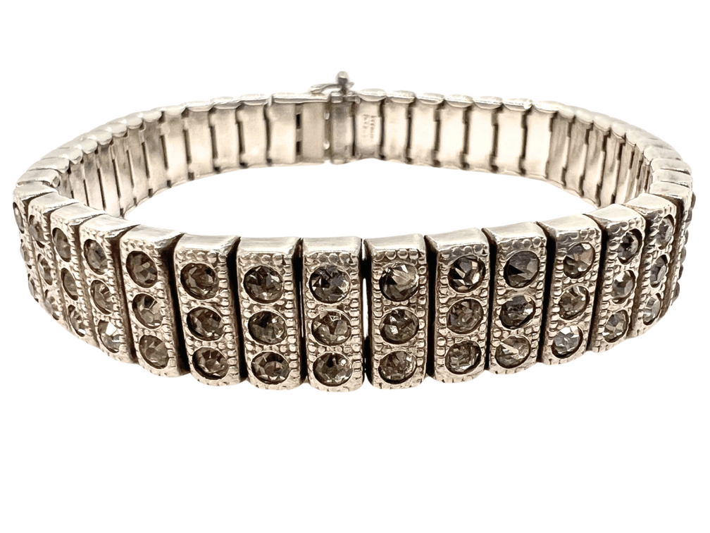 Antique Sterling Silver Art Deco Panel Bracelet w/ 138 Faceted Crystals 