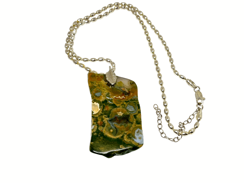 Large Rainforest Jasper Pendant on Sterling Silver Bead Chain 