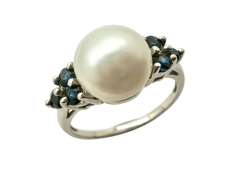 10K White Gold Ring with Center Faux Pearl and Six Blue Stones - Size 7-3/4