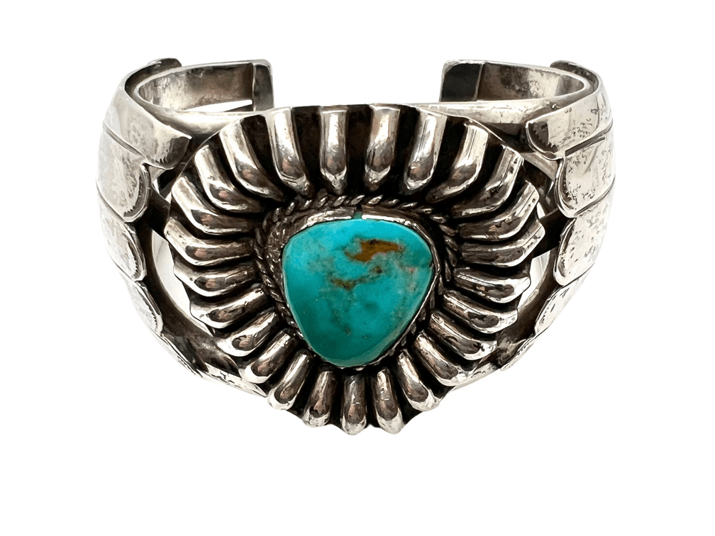 Vintage Heavy Navajo Sterling Silver Cuff Bracelet with Turquoise