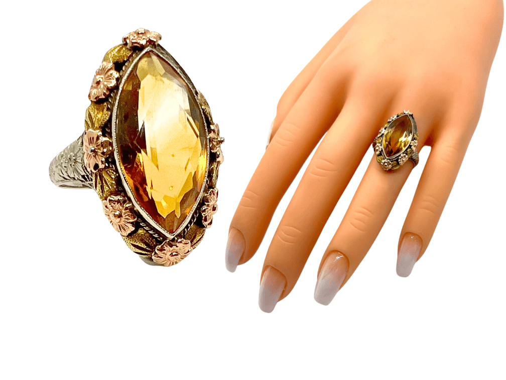 Circa 1930's 14K White Gold Filigree Cocktail Ring w/ Citrine Marquise-Cut Stone and Rose/Yellow Gold Flower Border - Size 7-3/4