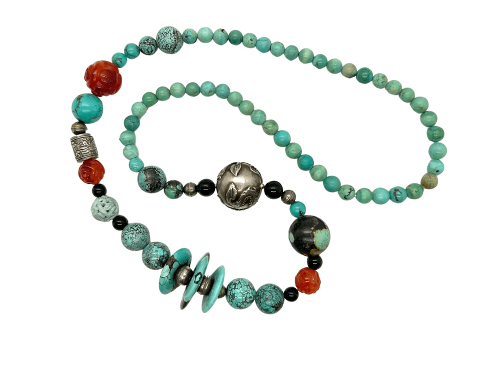 Antique Asian Necklace of Turquoise, Sterling Silver and Carved Carnelian Beads