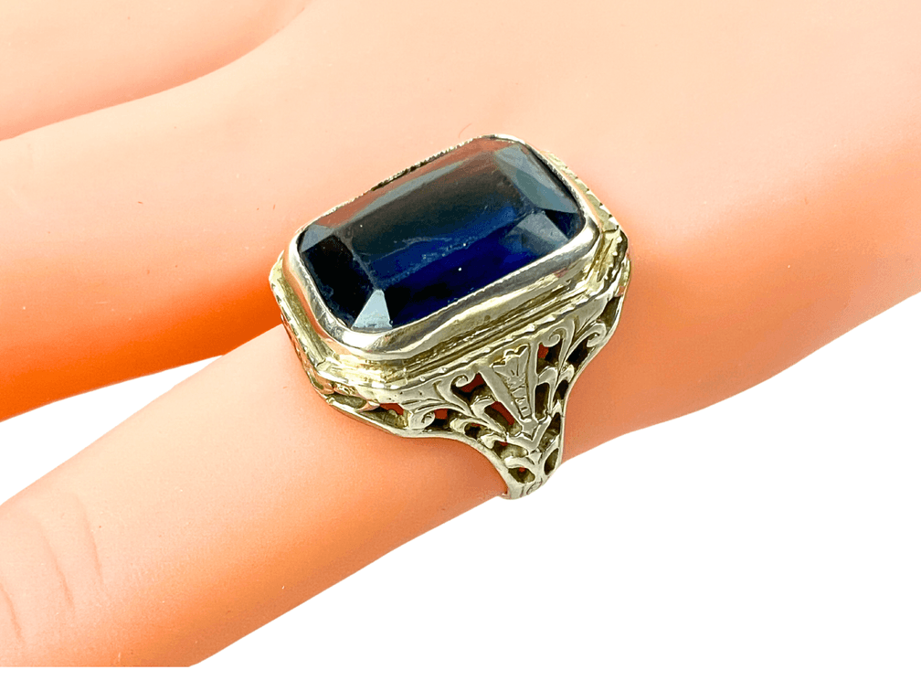 Antique 14K White Gold Filigree Ring Cobalt Blue Glass Stone- Size 5