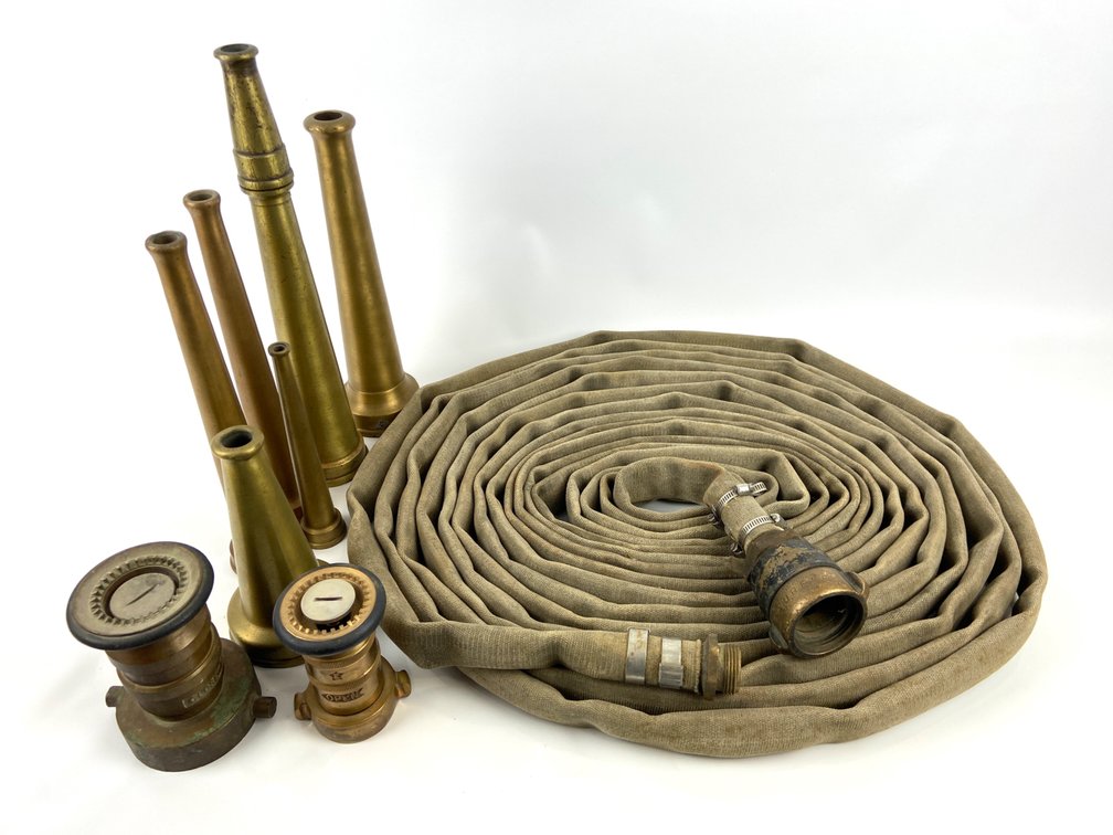 Vintage Fire Hose and Brass Nozzle Collection