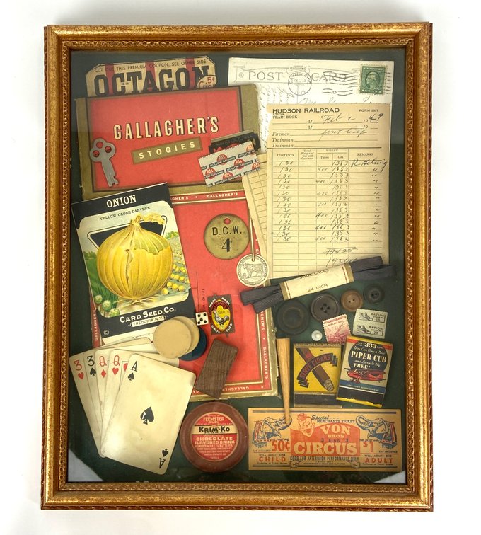1916-1949 Framed Trinkets Shadow Box- Railroad, Circus, Ephemera, Smalls