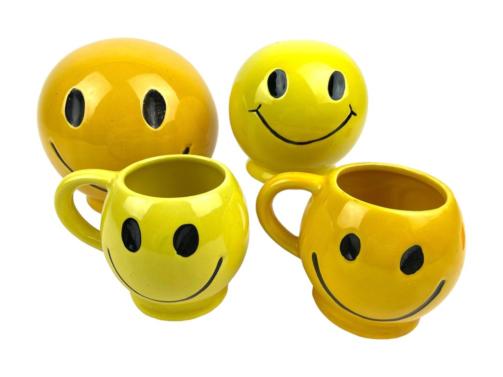 McCoy Pottery Have a Happy Day Smiley Face Lot - Large Bank, Small Bank & 2 Mugs